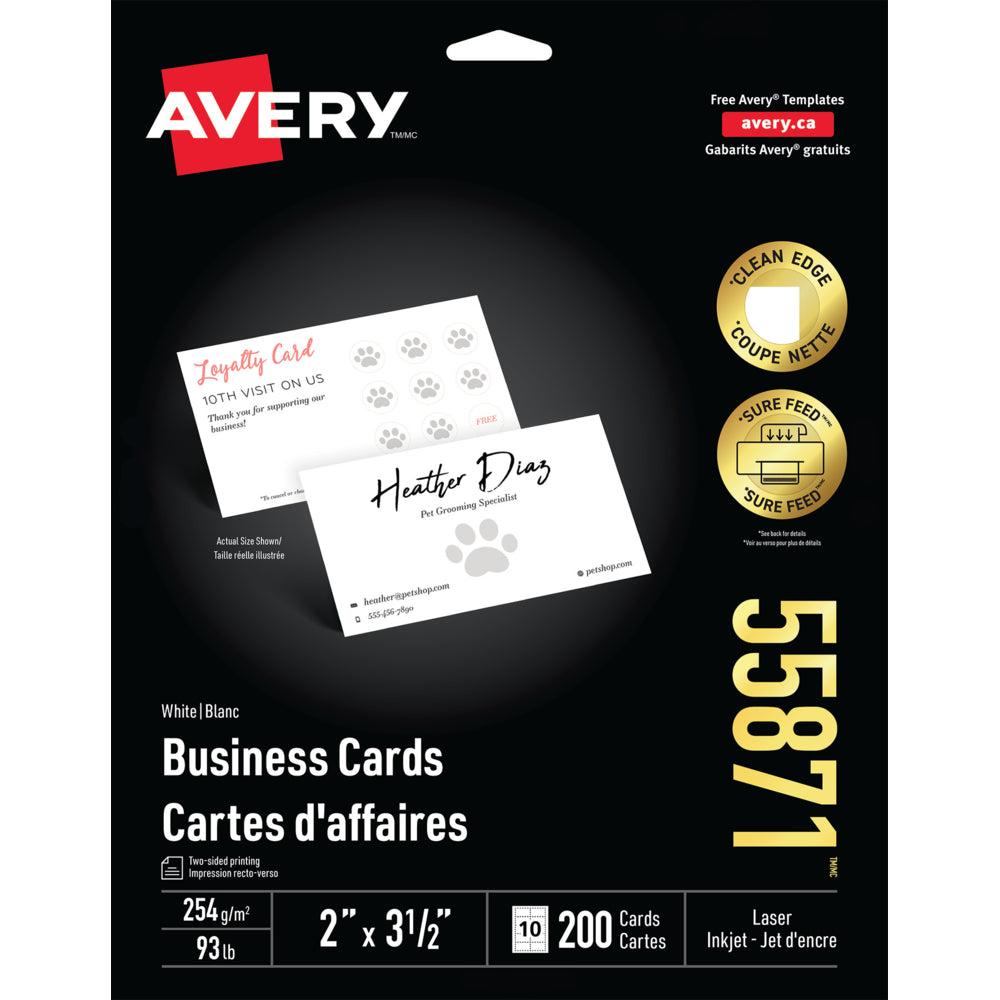 Avery Clean Edge Laser/Inkjet Business Cards - 3-1/2" x 2" - White - 200 Pack