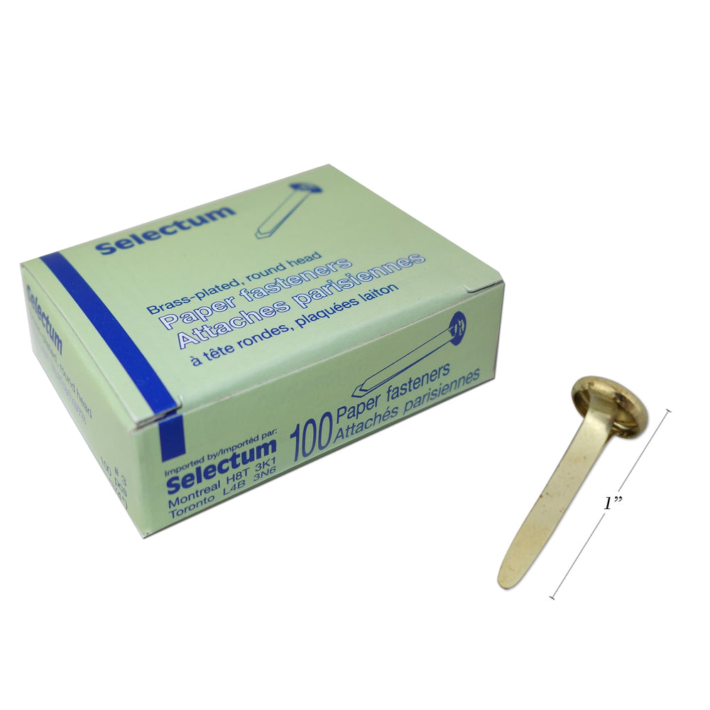 Selectum Paper Fastener - Brass Plated - Round Head - 1" - 100 Pack
