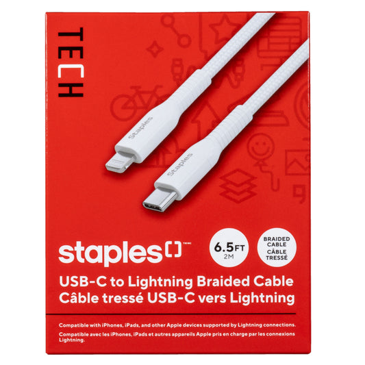 Staples TECH Lightning to USB-C Charging Cable - 6.5 ft. - White