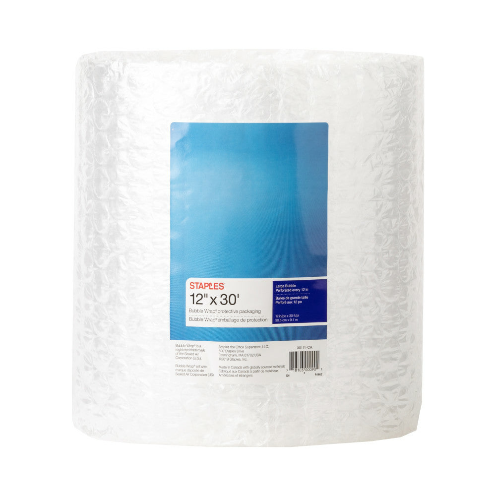 Staples Premium Bubble Wrap Roll, 12" x 30', 5/16" Bubbles, Clear