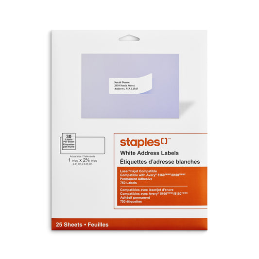 Staples White Mailing Labels for Inkjet/Laser Printers - 1" x 2-5/8" - 750 Pack