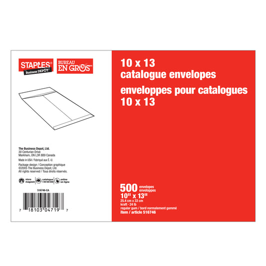 Staples Kraft Catalogue Envelopes with Gummed Flaps - 10" x 13" - Brown - 500 Pack