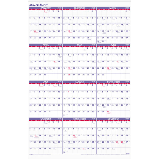 AT-A-GLANCE 2025 Yearly Wall Calendar - 36" H x 24" W - English