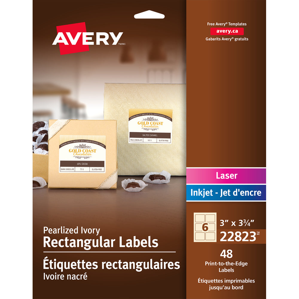 Étiquettes rectangulaires Avery ivoire nacré, impression permanente jusqu'au bord, 7,6 cm x 9,5 cm, paquet de 48 (22823)