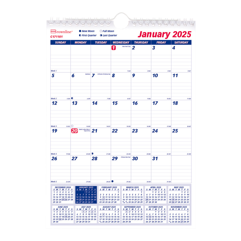 Brownline 2025 Monthly Wall Calendar Twin-Wire Binding - 8" x 11" - English