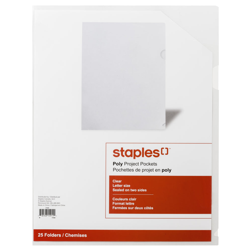 Staples Polypropylene Project Pockets - Letter Size - 8-1/2" x 11" - Clear - 25 Pack