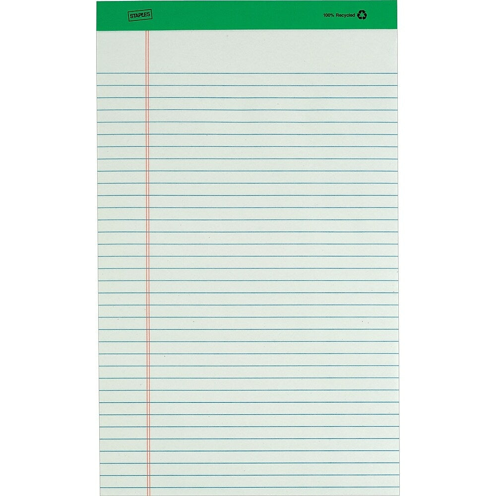 Staples 100% Recycled Legal Pad - 8-1/2" x 14" - Legal/Wide Rule - White - 50 Sheets - 12 Pack