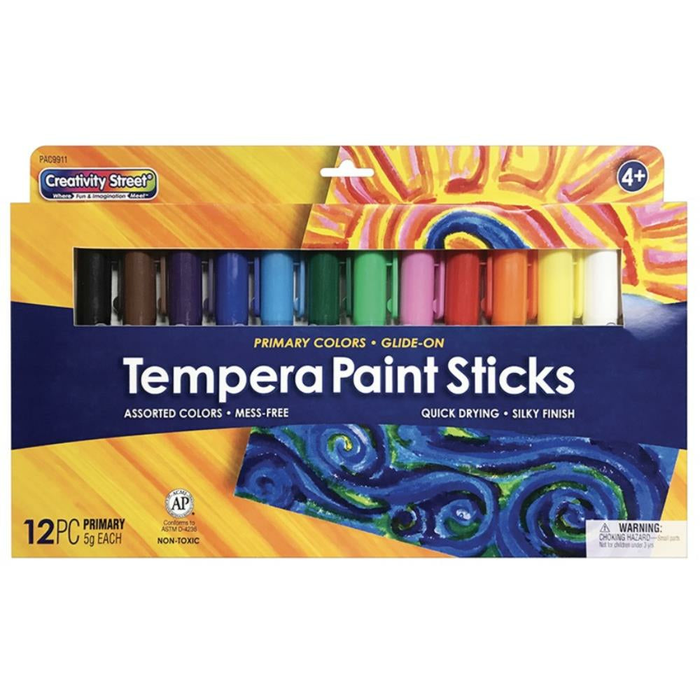 Creativity Street Glide-On Tempera Paint Sticks, 12 Assorted Primary Colours, 5 grams, 12 Count
