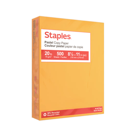 Papier photocopie Staples 30 % recyclé couleur pastel - Format lettre - 8-1/2" x 11" - Verge d'or - 500 feuilles