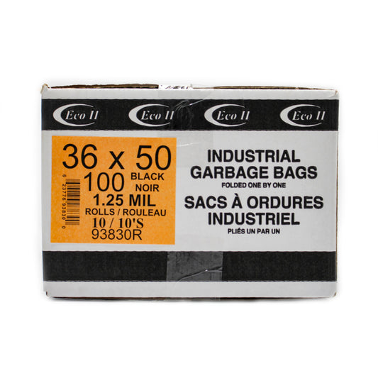 Sacs poubelle Eco II - 36" x 50" - 1,25 mil - Noir - Rouleau de 10 - Paquet de 10
