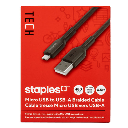 Staples TECH Micro USB to USB-A Charging Cable - 6.5 ft. - Black