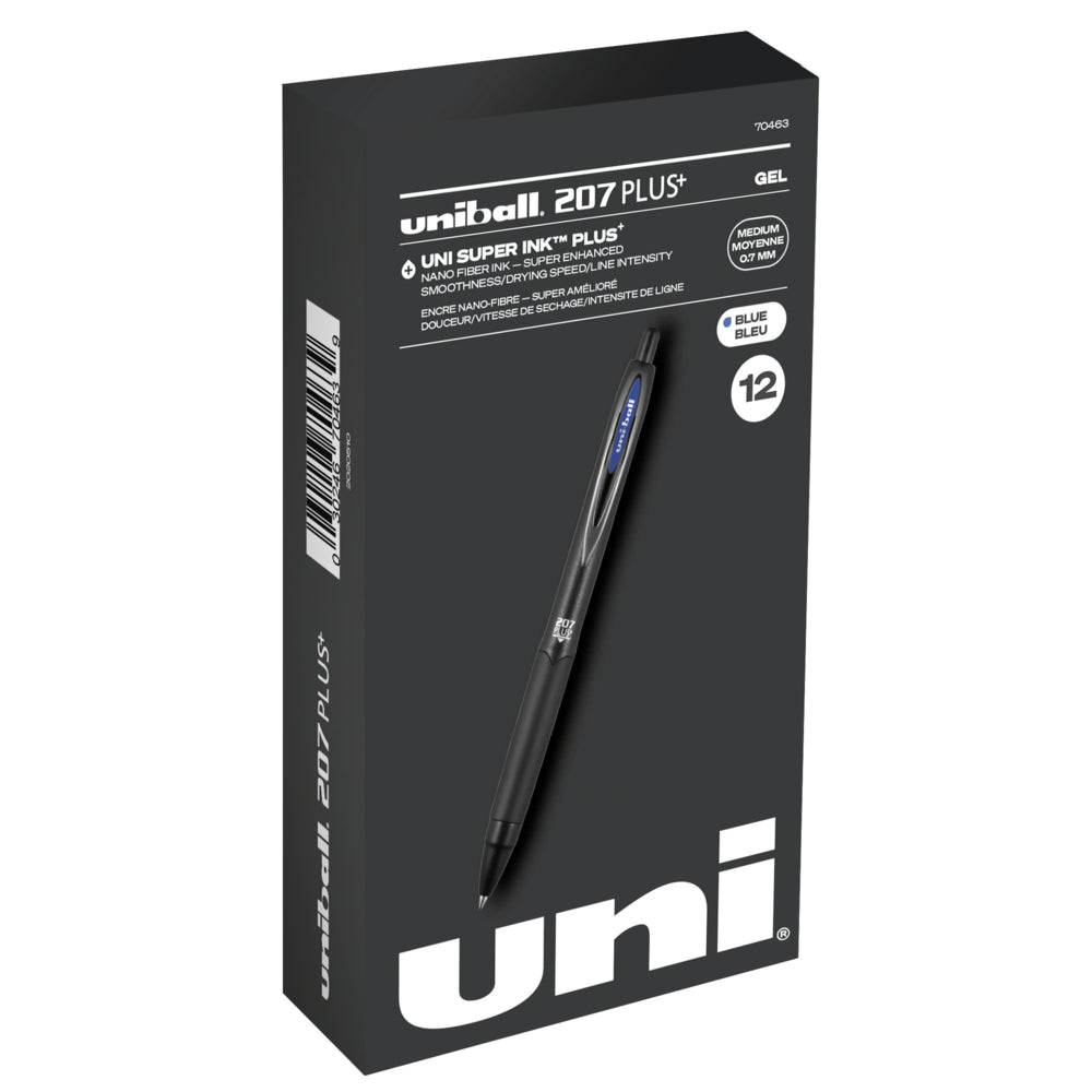 Stylos gel rétractables Uni-Ball 207 Plus+ – Pointe moyenne (0,7 mm) – Bleu – Lot de 12