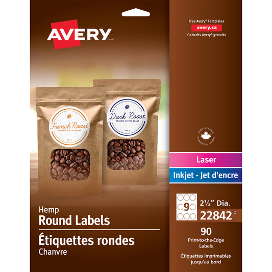 Avery Round Hemp Labels - 2-1/2" Dia. - Beige - 90 Labels