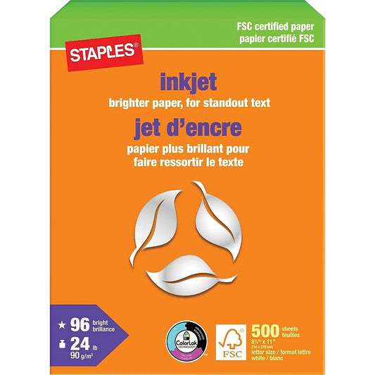 Papier jet d'encre Staples certifié FSC - 24 lb - 8,5 po x 11 po - Blanc - 500 feuilles