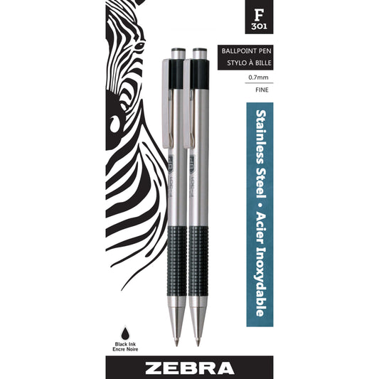 Zebra F-301 Retractable Ballpoint Pen, Fine Tip, Black, 2 Pack