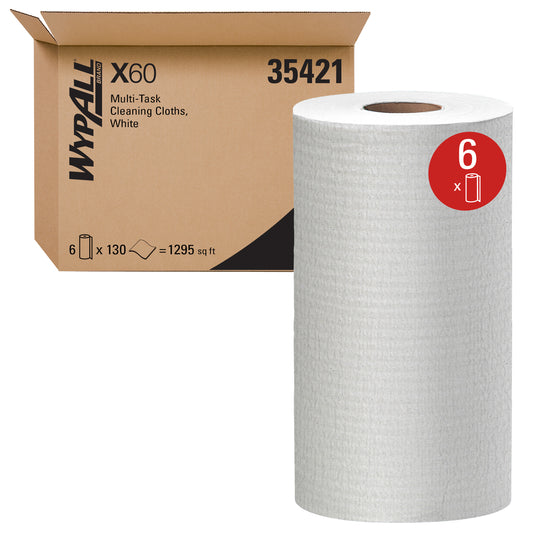 WypAll General Clean X60 Multi-Task Cleaning Cloths - Small Roll - White - 130 Sheets / Roll - 780 Wipes / Case - 6 Rolls Pack