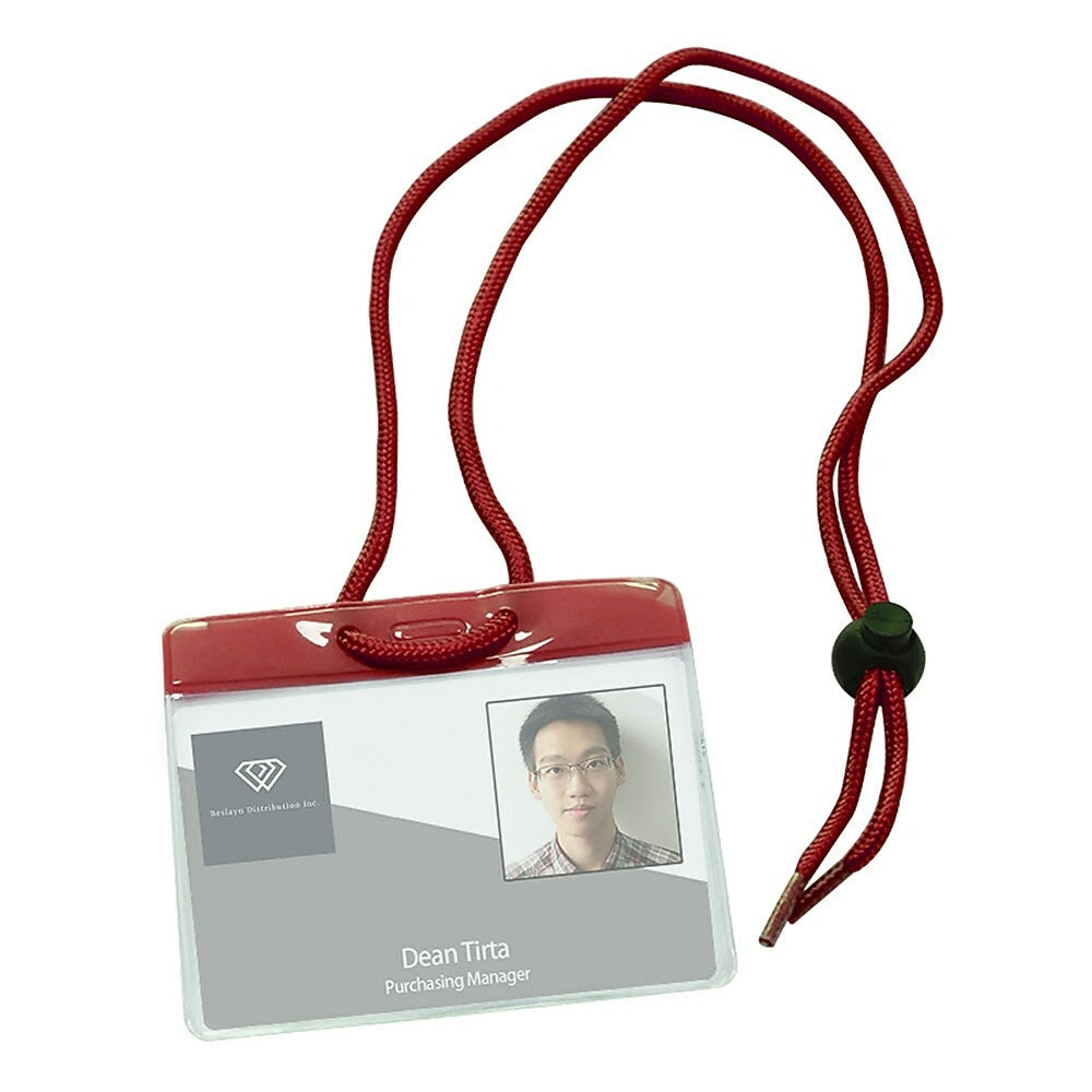 Beslayn Horizontal Heavy Duty Vinyl All-In-One Colour ID Badge Holder with Neck Cord, 3-5/8" x 2-5/8", Clear, Red, 50 Pack