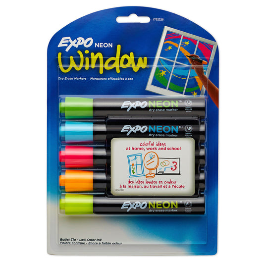 Marqueurs effaçables à sec Expo Neon pour vitres, pointe ogive, paquet de 5
