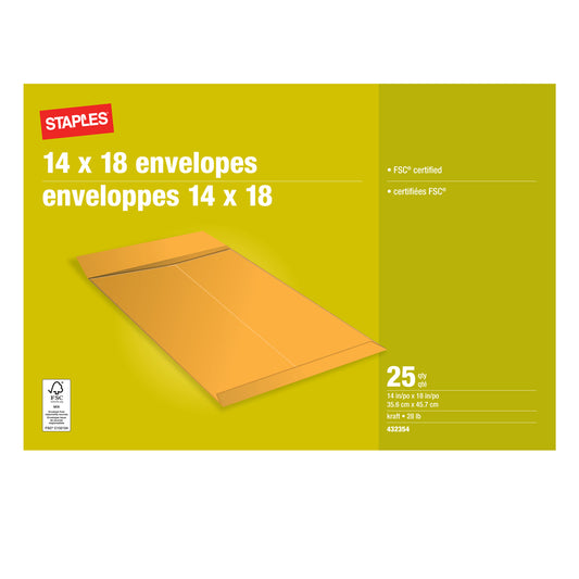Staples Gummed Kraft Catalogue Envelopes - 14" x 18" - 25 Pack