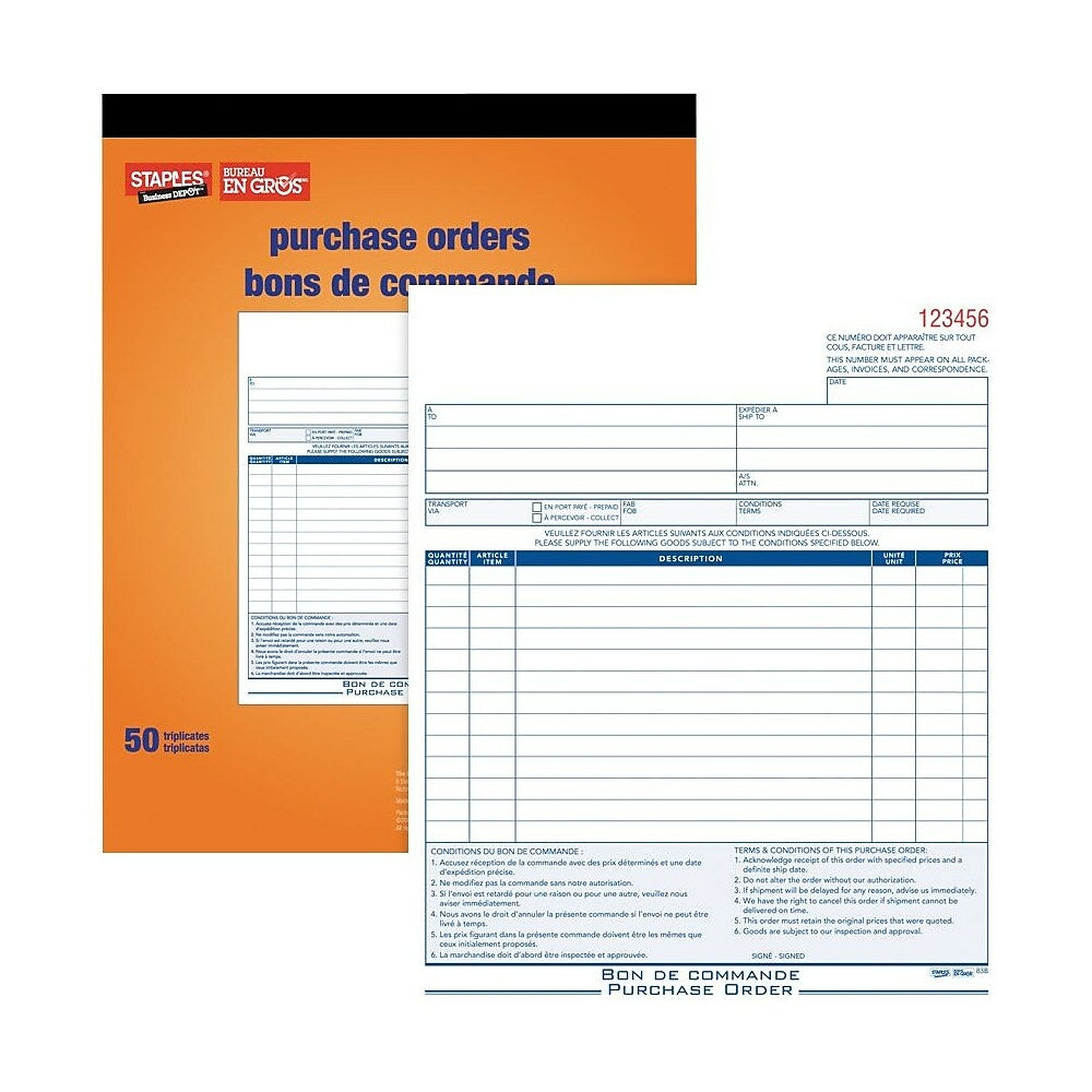 Staples Bilingual Purchase Order Form - STC83B - Triplicates - Carbonless - Staple Bound - 8" x 10"