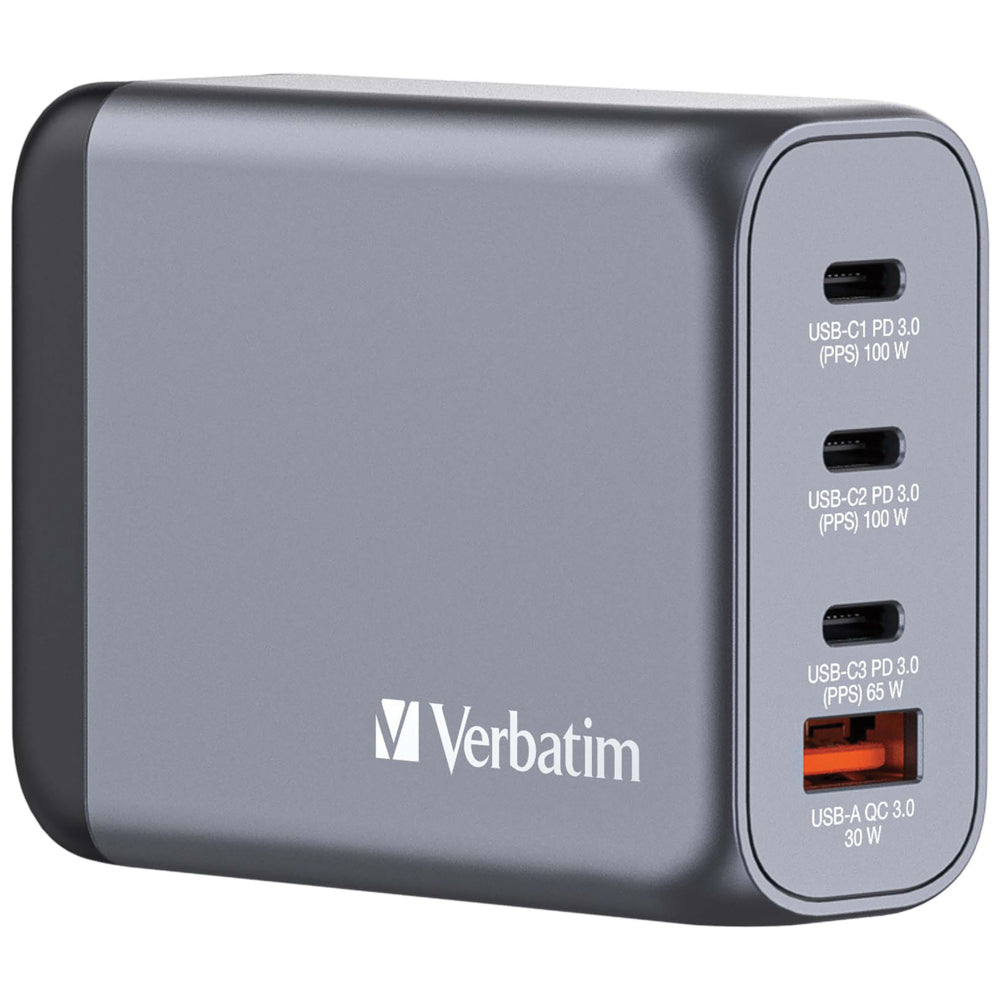 Chargeur mural Verbatim GaN 100 W 4 ports – 3,10 po (L) x 1,20 po (l) x 2,40 po (H) – Gris
