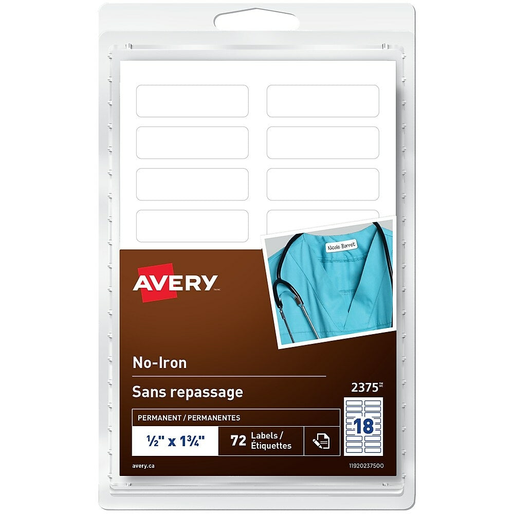 Étiquettes pour vêtements Avery inscriptibles et permanentes, blanches, 1/2" x 1-3/4", paquet de 72 (2375)