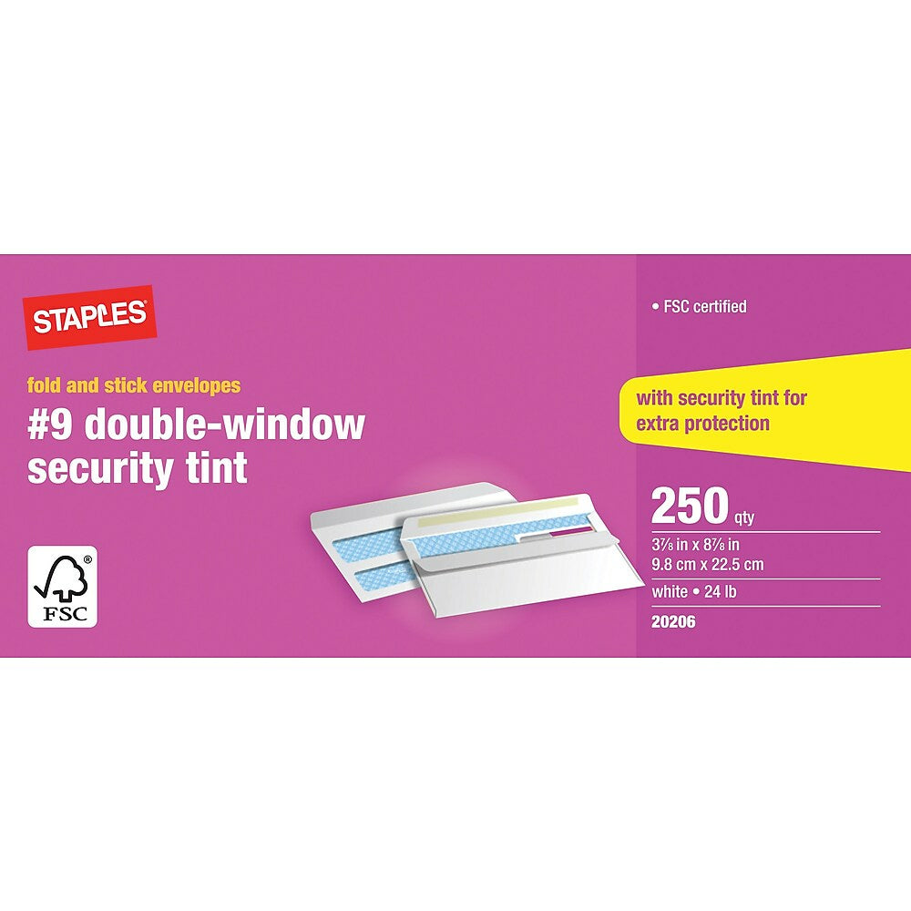 Staples Fold-and-Stick #9 Double Window Security Envelopes - 3-7/8" x 8-7/8" - White - 250 Pack