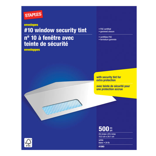 Staples #10 Window Security Envelopes with Gummed Flaps - 4-1/8" x 9-1/2" - White - 500 Pack