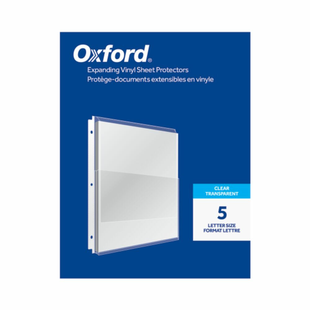 Feuilles de protection extensibles en vinyle Oxford - 2,5 cm - Format lettre - Perforation renforcée à 3 trous - Transparent - Paquet de 5