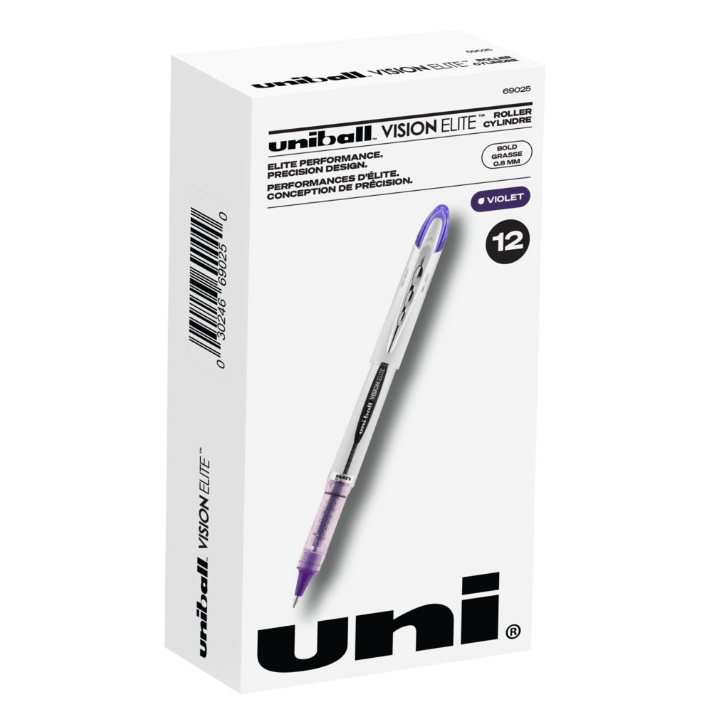 Stylo bille Uniball Vision Elite - 0,8 mm - Encre violette - Lot de 12