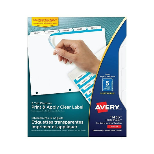 Intercalaires transparents Avery Index Maker avec étiquettes faciles à appliquer pour imprimantes laser/jet d'encre, 5 onglets, 5 jeux, blancs (11436)