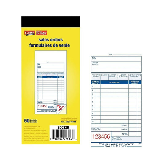 Staples Bilingual Sales Order Forms - 50 Duplicates - 3" x 7"