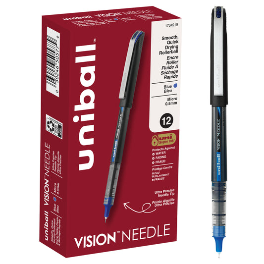 uni-ball Vision Needle Rollerball Pens - Micro Point (0.5mm) - Blue - 12 Pack