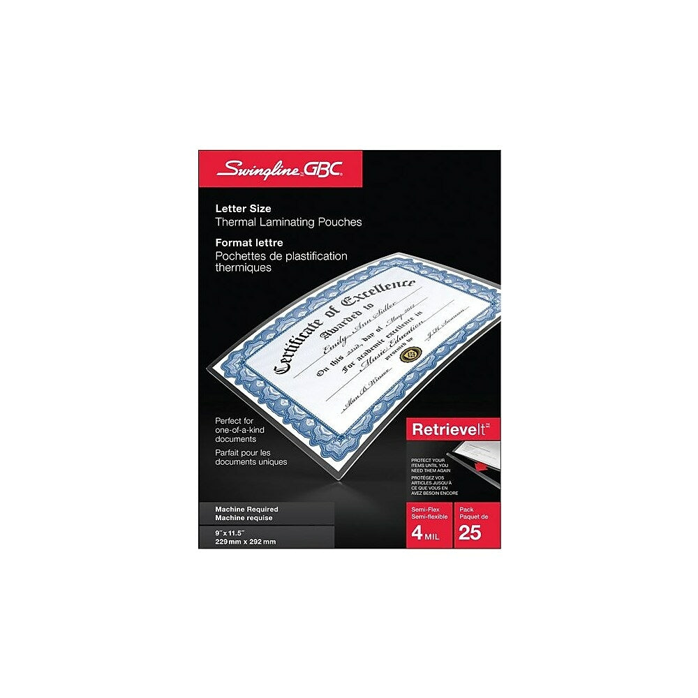 Pochette de plastification thermique Swingline GBC RetrieveIt, 9" x 11-1/2", 4 mil, format lettre, ultra transparente, paquet de 25