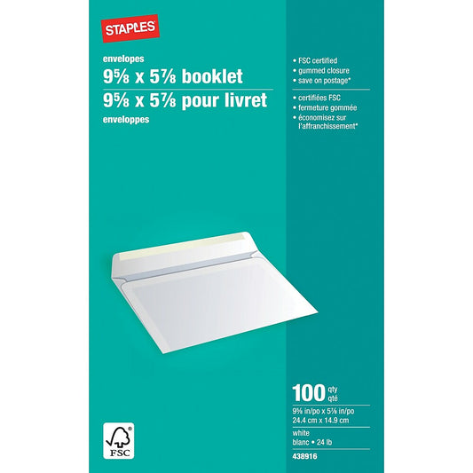 Staples Gummed White Booklet Envelopes - 5-7/8" x 9-5/8" - 100 Pack