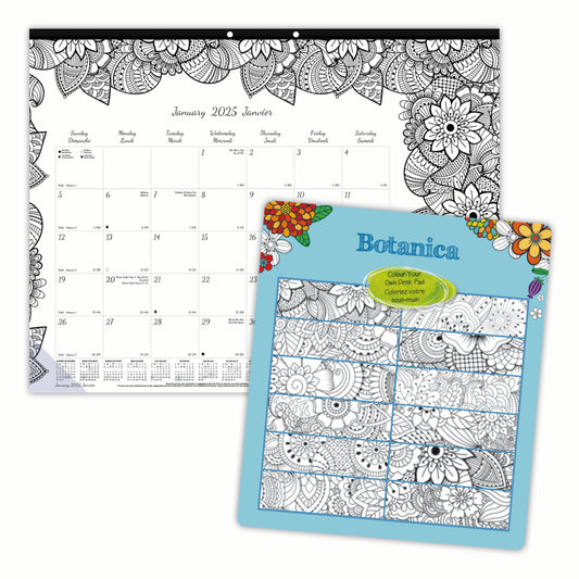 Blueline 2025 DoodlePlan Colouring Monthly Desk Pad Calendar - 22" x 17" - Botanica Design - Bilingual