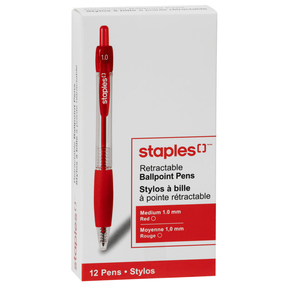 Staples Comfort Clickers Ballpoint Pens - Fine Tip - Red - 12 Pack