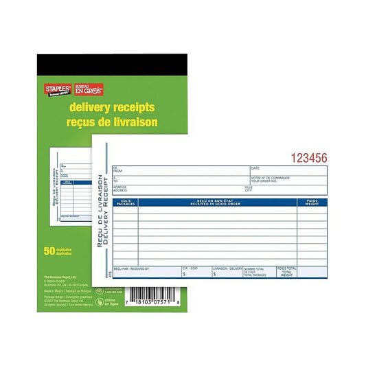 Staples Delivery Receipt Forms - Carbonless - Duplicate - Bilingual