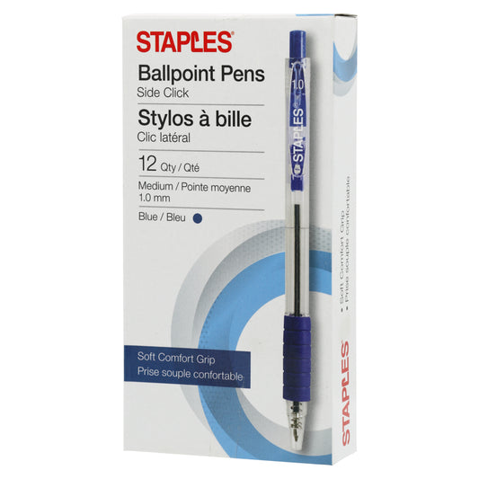 Stylos à bille Staples Side Click - Moyen 1,0 mm - Encre bleue - Paquet de 12