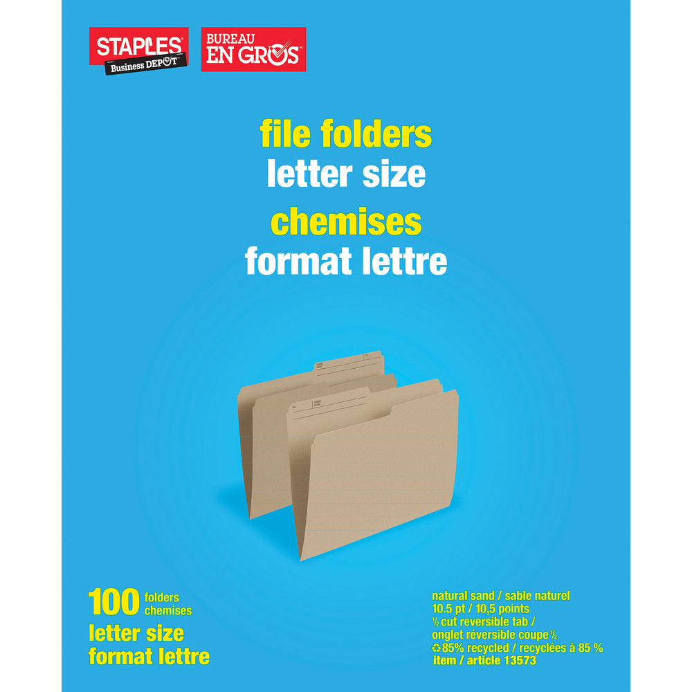 Chemises recyclées Staples - Format lettre - 8 1/2" x 11" - Sable naturel - Paquet de 100