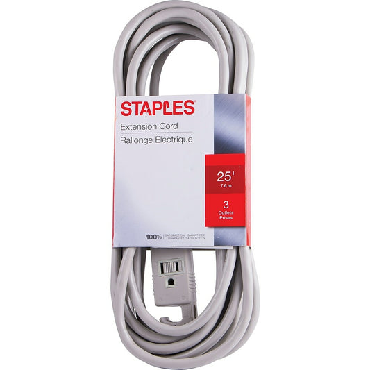 Staples 25' Extension Cord 3-Outlet with Safety Covers, Grey