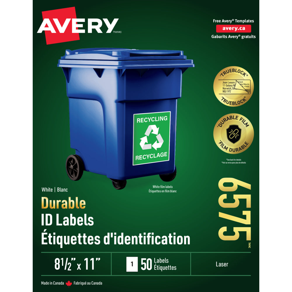 Avery White Laser Durable I.D. Labels, 8-1/2" x 11", 50 Pack, (06575)