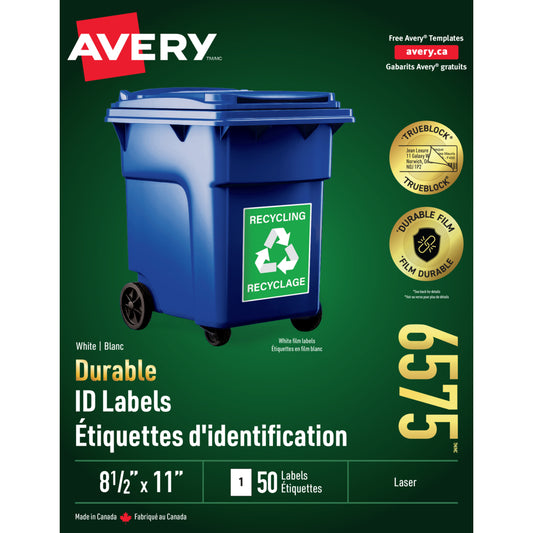 Étiquettes d'identification laser blanches durables Avery, 8-1/2" x 11", paquet de 50 (06575)