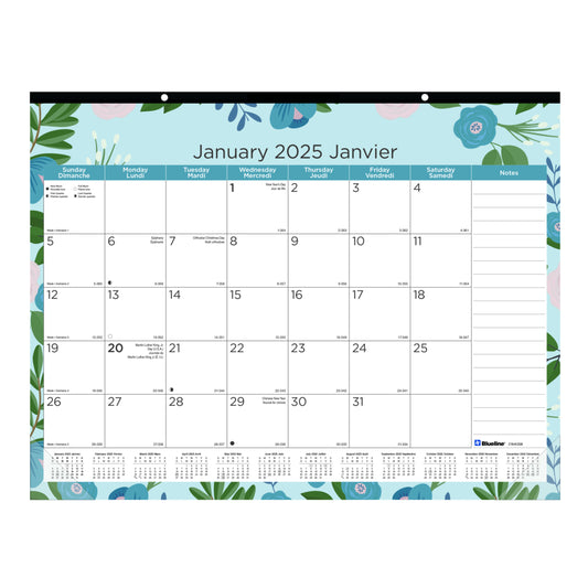 Blueline 2025 Azure Monthly Desk Pad Calendar - 22" x 17" - Bilingual