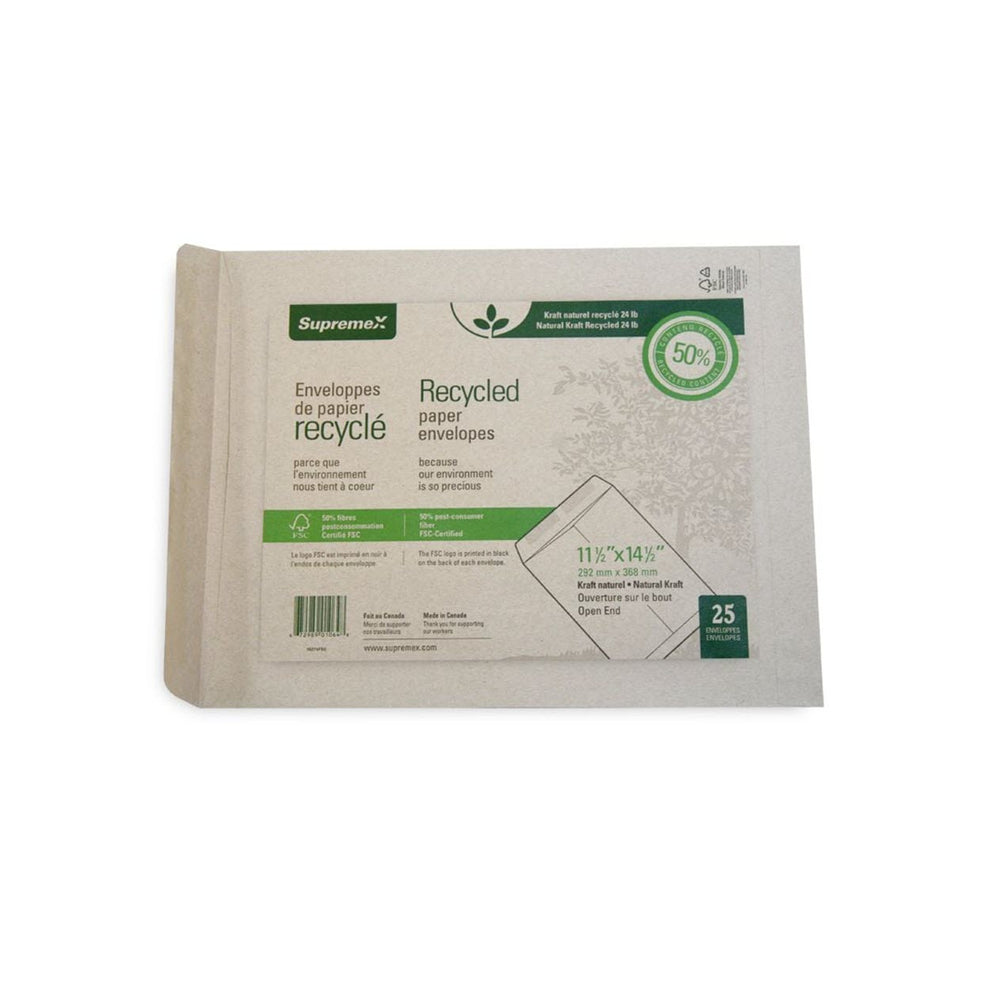 Enveloppes pour catalogue Supremex en papier kraft naturel robuste à extrémité ouverte – 24 lb – 11 1/2 po x 14 1/2 po – Naturel – Paquet de 25