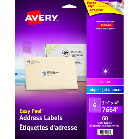 Avery Easy Peel Clear Glossy Laser/Inkjet Address Labels - 3-1/3" x 4" - 60 Pack