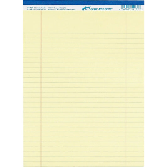 Hilroy Perf-Perfect Pad - 8-1/2" x 11" - Wide-Ruled - Canary - 50 Sheets