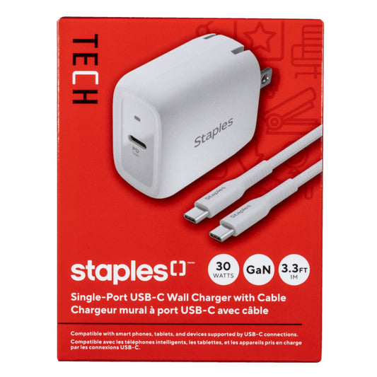Staples GaN USB-C Wall Charger with Cable - 30W - White