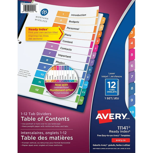 Intercalaires Avery Ready Index pour imprimantes laser et jet d'encre - 12 onglets - Multicolore