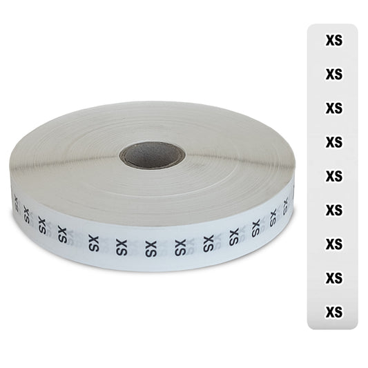Eddie's Sizer Sticker Strips - XS - Black & White Print on Clear - 3/4"x 4-1/2"  - 1000 Per Roll